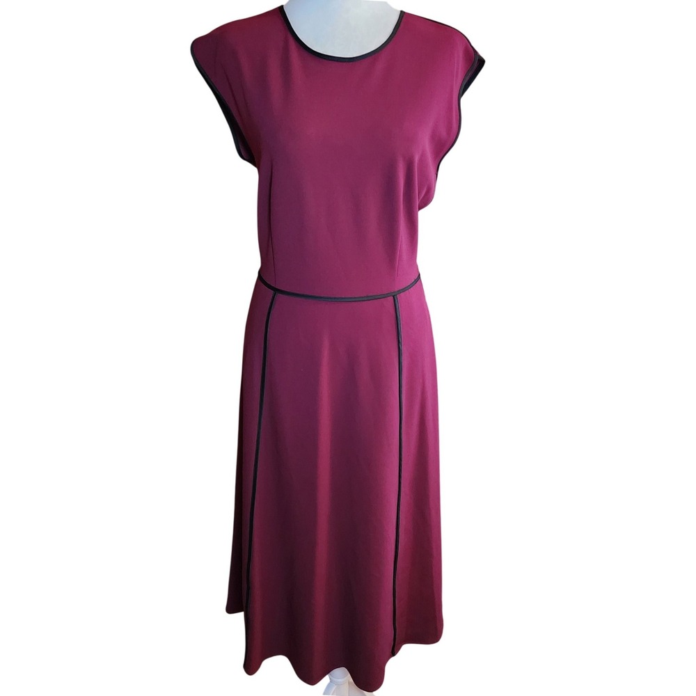Karl Lagerfeld Paris Womens Wine Burgundy Black Piping Midi Dress Pockets Size 8